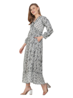 Sati Factory Été Casual Coupe Droite Longue Coton Maxi Robe Col V Motif Imprimé Floral Manches Longues Taille Empire Blanc Noir