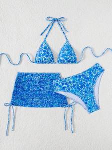 Ensemble de bikini grande taille imprimé bleu, imprimé floral animal, séchage rapide, logo avant, maillot de bain deux pièces d'été - Product Image 3