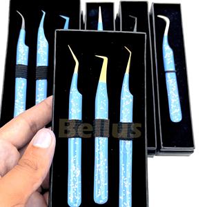 Pinzas de extensión de pestañas de acero inoxidable hechas a mano de marca personalizada, tipos de puntas múltiples con purpurina azul para salón y uso doméstico - Product Image 5