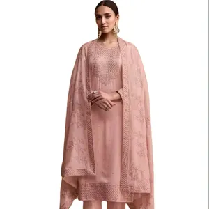 Perzikkleur Unieke Stijlen Kurta Dupatta Pakistani Zacht Katoen Bloemenprint Indian Salwar Pak