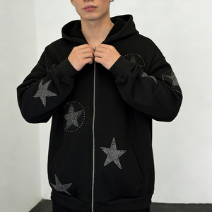 Vintage Men Customized Logo Oversized <b>Black</b> Hoodies Zip up Rhinestone Graphic Pocket <b>Fleece</b> Casual Streetwear Hoodies - Product Image 5