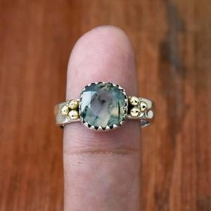 <b>Moss</b> <b>Agate</b> <b>Ring</b> 925 Sterling Silver Cushion Gemstone Statement <b>Ring</b> Hammered Beaded Wedding <b>Ring</b> Gift for Her - Product Image 3