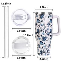 Gobelet isotherme personnalisé en acier inoxydable de 40 oz avec poignée et paille, tasse de voyage pour café, motif floral bleu et blanc, idéal pour un cadeau