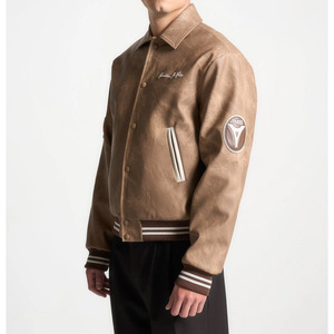 Venta al por mayor de chaqueta de cuero con logotipo personalizado bordado béisbol impreso cuello alto con nombre en la parte delantera chaqueta Letterman personalizada - Product Image 5