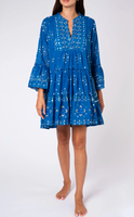 Encapsule Femmes Élevées Miroir Brodé Resortwear Soins Style Libre Mosaïque Impression Manches Évasées Filles Robe En Bleu Royal