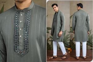Maruti Fashion Men's Traditional <b>Silk</b> Knee-Length <b>Kurta</b> Dupatta Special Collection Weddings Featuring Real Mirror Work Indian - Product Image 5