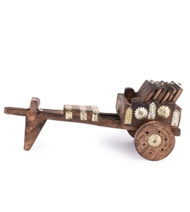 Ensemble de caboteur fonctionnel décoratif en forme de chariot de taureau en bois avec support sous-verres de boisson pour décor de table à café et à manger - Product Image 1