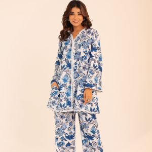 Nuevo diseño, azul y blanco, estampado floral, conjunto de cordón occidental, camiseta relajada, Top y pantalón para regalo del Día de San Valentín - Product Image 1