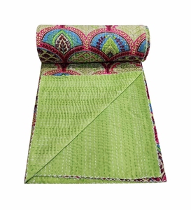 Floral Pattern Cotton Throw Blanket Rainbow Colored <b>Bed</b> <b>Sofa</b> <b>Cover</b> for Home Use Handmade Indian Kantha Quilt Reversible - Product Image 3
