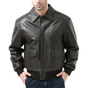 Veste d'hiver en cuir véritable pour hommes respirante en coton rempli de moto à la mode à manches longues avec fermeture éclair couleur unie marron décontracté - Product Image 2