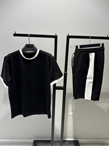 Men's Black T-Shirt Terry Jogger Set Crew Neck Short Sleeve Solid Color Casual Summer Eco-Friendly White Trim Drawstring Waist - Product Image 2