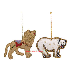 Looking so Gorgeous Beautiful Lion and Bear Shape Design on <b>Golden</b> Zari Embroidery With Beaded Work <b>Christmas</b> Hanging Ornament - Product Image 1