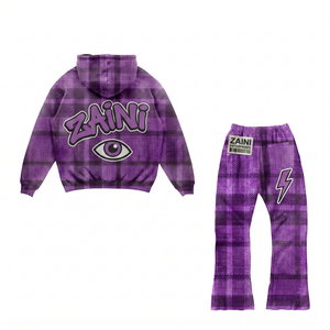 Survêtement en molleton de coton et polyester premium 380 GSM, motif écossais violet, avec logo personnalisé imprimé par transfert thermique en relief, OEM ODM - Product Image 2