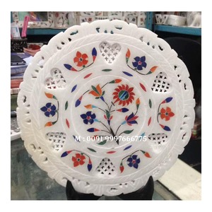 Plaque décorative en marbre blanc exclusif, incrustation de pierre dure, sculpture, magnifique motif floral incrusté, pour cadeau - Product Image 1