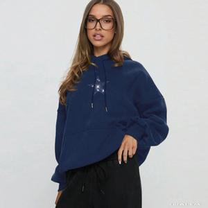 เสื้อมีฮู้ดสไตล์หลวมประดับพลอยเทียมผู้หญิงเสื้อสวมหัวขนแกะระบายอากาศได้ดีนุ่มอบอุ่นสตรีทแวร์แฟชั่นปักลายวินเทจ - Product Image 1