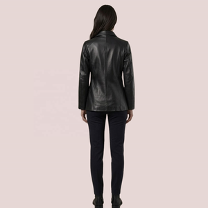 Blazer en cuir véritable noir pour femmes, veste à deux boutons, manteau en cuir tendance - Product Image 3