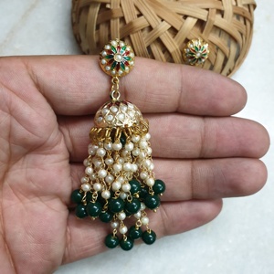 Real <b>Green</b> Pearl Jadau Beaded <b>Earrings</b> - Product Image 6