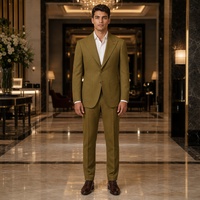 Jas Pria Hijau Zaitun Twill Single Breasted Dua Kancing Kerah Lebar Saku Tempel Jas Bisnis untuk Pria Custom MTM