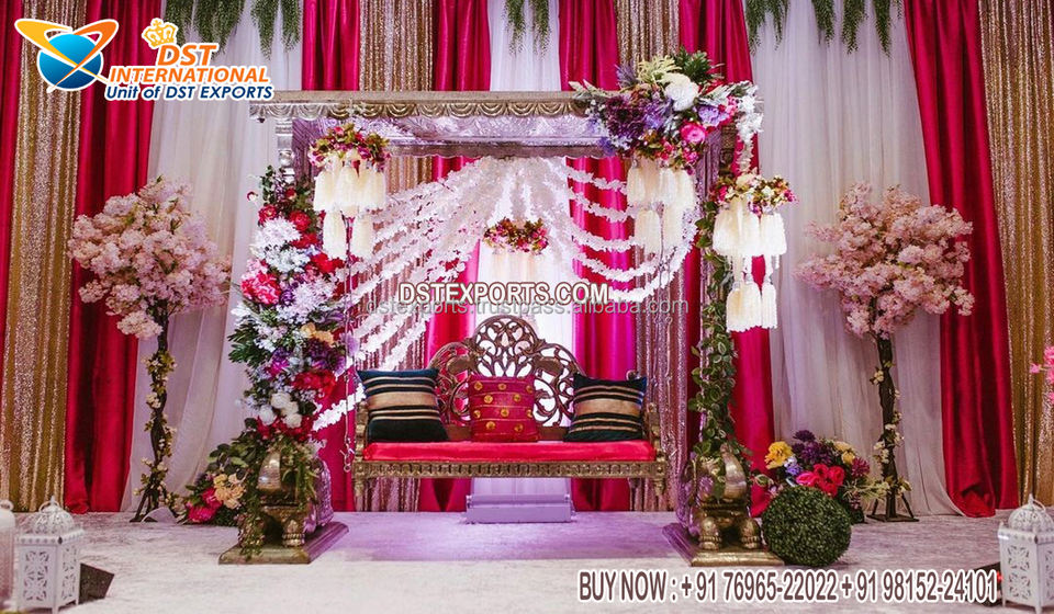 Srilankan Wedding Wooden Cared Spiral Swing Wedding Sangeet Stage Vibrant Jhula Trending Wedding Mehndi Stage Bridal Jhula