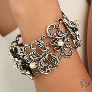 925 Sterling <b>Silver</b> Antique Byzantine <b>Bracelet</b> with Pearl Stones Elegant Pearl <b>Bracelets</b> & <b>Bangles</b> - Product Image 1