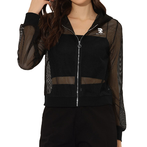 Sweat à capuche tricoté Streetwear pour femme avec fermeture à glissière maille manches longues séchage rapide coupe-vent maille transparente fermeture éclair Logo avant - Product Image 1