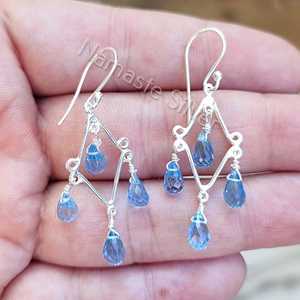 Boucles d'oreilles pendantes faites à la main en argent sterling 925 avec perles en topaze bleue naturelle en forme de larme, bijoux de mariage, cadeau pour elle, topaze bleue - Product Image 3
