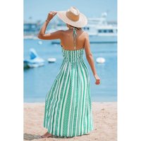 Robe longue élégante à bretelles spaghetti et col drapé avec fente avant, motif imprimé, idéale pour la plage et les sorties décontractées, par Jane's Women's.