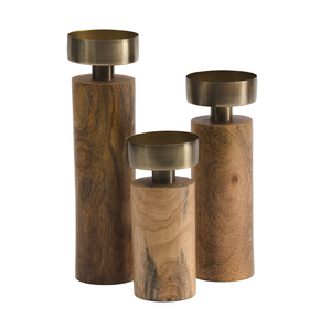 Modern Wood & Brass <b>Candle</b> <b>Holder</b> with Rectangular Wooden Base and <b>Gold</b> Accents for Interior Decor - Product Image 2