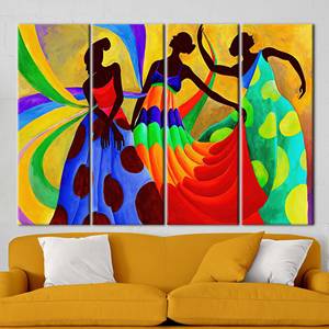 Obra de arte impresa en lienzo: Vibrantes bailarinas africanas en estilo de arte étnico, 4 piezas: Enmarcado tipo galería - Product Image 1