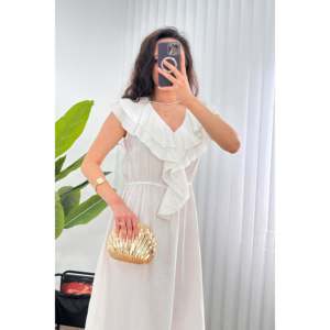 Vestido Largo Blanco al por Mayor con Cuello con Volantes - Blanco - Product Image 3