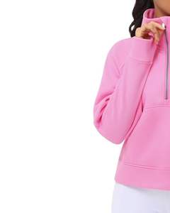Sweat-shirt à capuche en polaire rose pour femme, demi-zip, chaud, surdimensionné, avec poche kangourou, décontracté, pour l'hiver, streetwear - Product Image 2