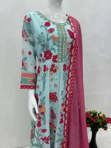 Elegantes vestidos de color verde azulado en secuencia de cadena funcionan con tela fuax Georgette para mujeres indias en ocasiones de bodas y fiestas - Product Image 3