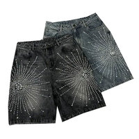 Pantalones cortos de mezclilla con lavado ácido holgados personalizados para hombre, ropa de calle Vintage, estilo Hip Hop, piedras de rinoceronte, Jorts desgastados de fabricación sólida