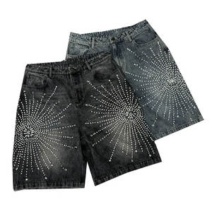 Pantalones cortos de mezclilla con lavado ácido holgados personalizados para hombre, ropa de calle Vintage, estilo Hip Hop, piedras de rinoceronte, Jorts desgastados de fabricación sólida - Product Image 5