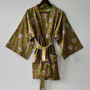 Belle 100% Coton Vert Floral Tissé Kimono Robes Livraison Express Robe de Chambre avec Caractéristique Thermique - Product Image 1