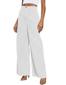 Pantalones de Mujer de Cintura Alta, Pierna Ancha, Color Sólido, Algodón, Corte Holgado, Largos, Estilo Casual de Verano, Cierre de Botones, Blancos - Product Image 1