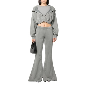 Nuevo diseño personalizado 100% algodón mujeres ácido lavado acampanado pantalones de chándal chándales pantalones de chándal acampanados y conjunto de Sudadera con capucha - Product Image 1