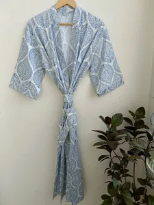 ชุดคลุมอาบน้ำชุดกิโมโนยาวถึงพื้นทำจากผ้าฝ้าย100% ชุดนอนแม็กซี่พิมพ์ลายสีฟ้า - Product Image 4