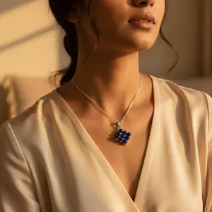 Pendentif en argent 925 avec lapis-lazuli pour femmes, plaqué rhodium, or blanc, bijoux en pierres précieuses avec motif religieux, charme - Product Image 1