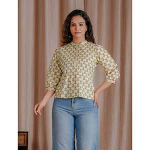 <b>Women's</b> for <b>Cream</b> Butti Cotton Pintux Style Short Top Breathable 100% Cotton Woven Fabric Fitted Crop <b>T</b>-<b>Shirt</b> for Ladies XS XXS - Product Image 1