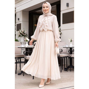 Conjunto Femenino Elegante y Discreto de Manga Larga Transpirable en Color Beige con Falda con Volantes en la Parte Delantera para Todas las Temporadas - Product Image 1