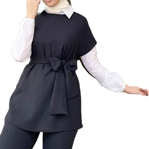 Black Tunic Trousers And Shirt Combination Belted At The Waist Comfortable For Daily Use Set 100% Polyester