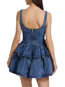 Robe mini en jean sans manches pour femme, avec appliques florales, ourlet à volants superposés, haut corset moulant sexy avec logo frontal pour l'été - Product Image 6