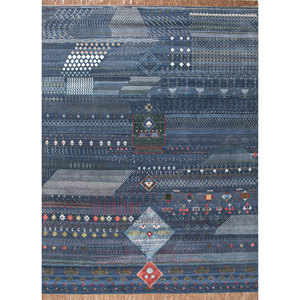 Tapis en laine et soie de bambou noué à la main à motif géométrique bleu Freedom Manchaha pour la décoration de la maison et du salon - Les-8269 - Product Image 1