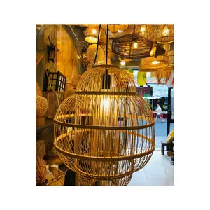 Lustre LED en rotin fait main Chapeau de paille rond Lampe en bambou Pastorale Vintage Restaurant Suspension pour Café Bar Restaurant