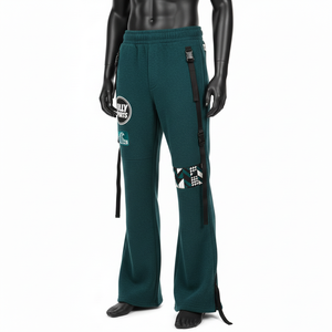Pantalon évasé premium pour homme en molleton de coton et polyester épais 320 GSM, avec panneau latéral teal et logo thermocollé - Product Image 4