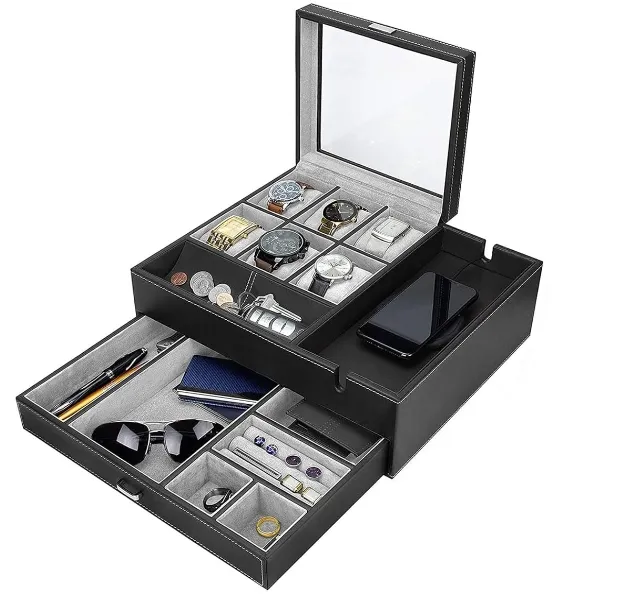 Commander Dresser watch leather case & Mens Jewelry Box Organizer with Wireless Charging Station and Cufflink Box