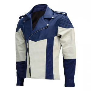 Chaqueta de motorista de cuero genuino blanco y azul para hombre con chaqueta de moto de cuero de carreras protegida CE blindada para mujer - Product Image 5