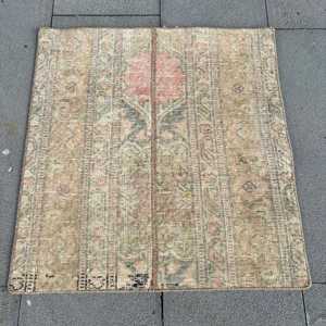 Vintage Rug, Small 2.1x2.2 ft Turkish Rug, <b>Brown</b> Pink Check <b>Wool</b> Rug - Product Image 1