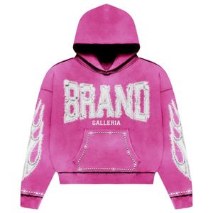 Nuevo diseño de ropa de calle de peso pesado personalizada Sun Faded Acid Wash Cut and Sew Rhinestone Distressed Rip Cropped Hoodie - Product Image 1